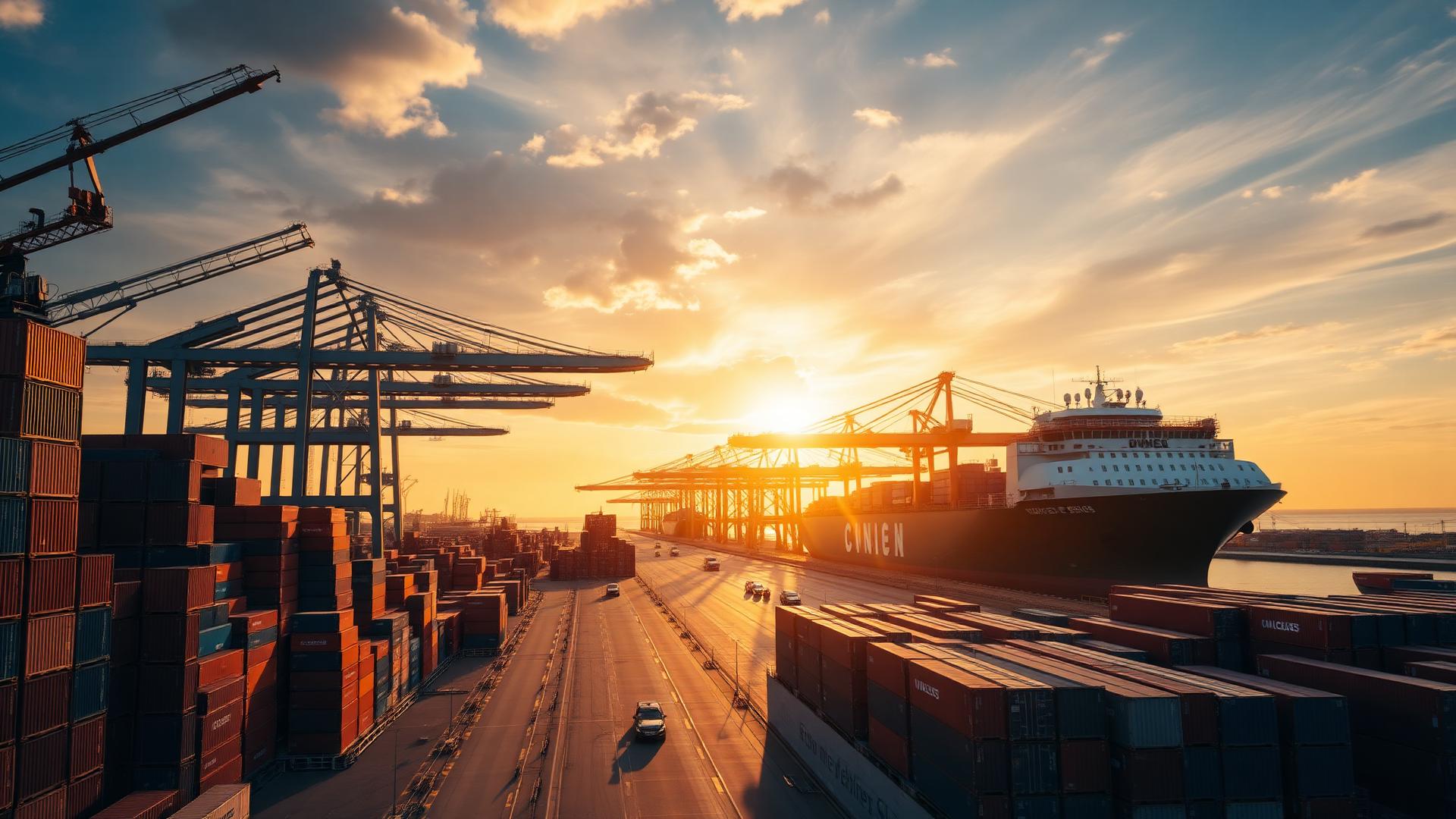 International cargo port at sunrise